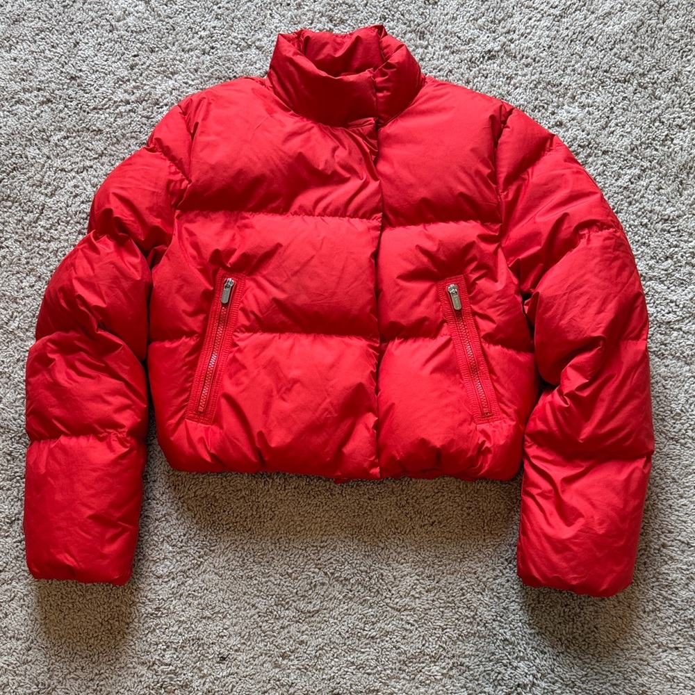 Athleta Bold Red Cropped Down Puffer Jacket Small - Picture 1 of 4
